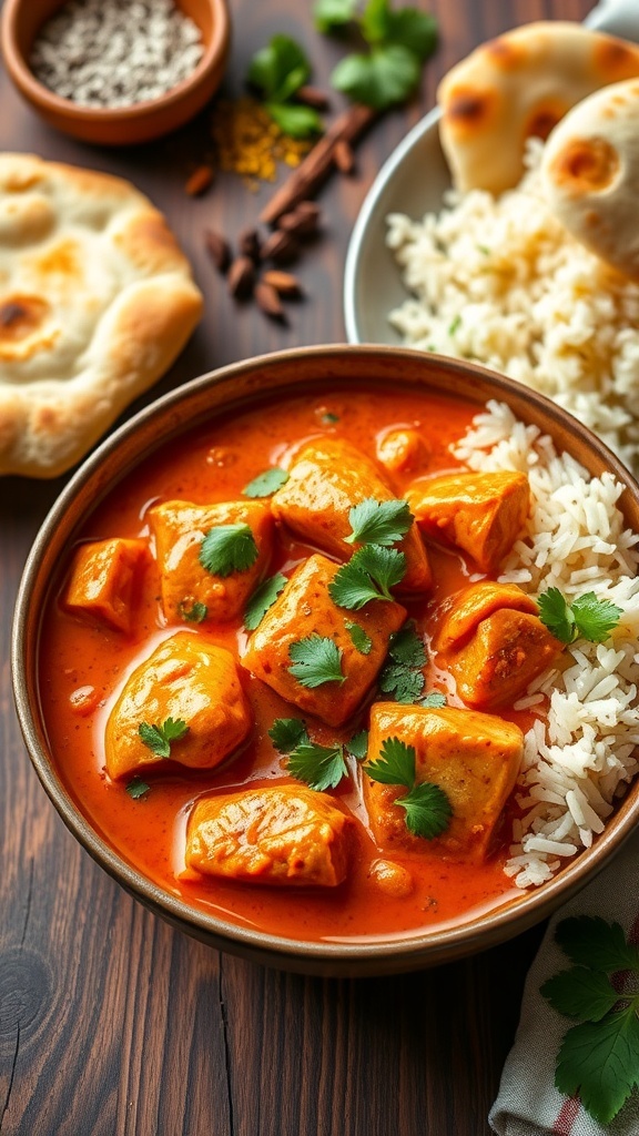 A bowl of butter chicken with rice and naan, garnished with cilantro, on a rustic table.